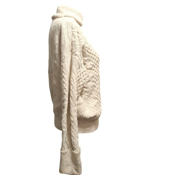 Sofia Jeans M Cream Cable Knit Cold Shoulder Turtleneck Sweater Metallic Sequins - Picture 4 of 16